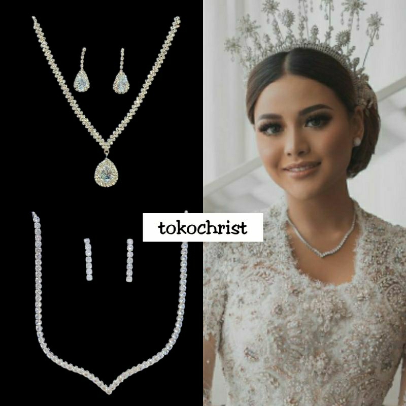 kalung zircon pengantin model aurel serut premium set anting