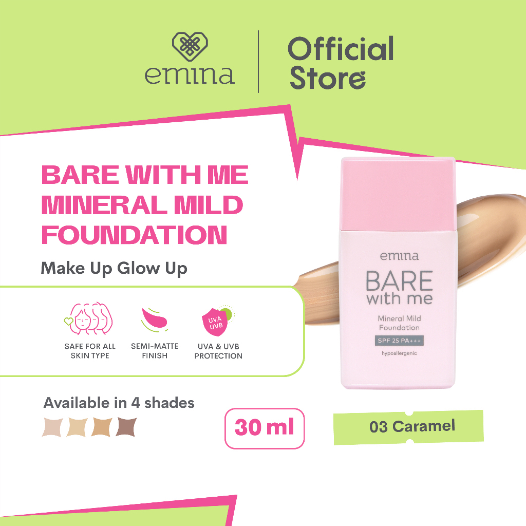 EMINA Bare With Me Mineral Mild Foundation Indonesia / 30ml / SPF 25 PA+++ Hypoallergenic / Safe For All Skin Type / Semi Matte Finish UVA UVB Protection / Shade 01 Light 02 Natural 03 Caramel 04 Mocca / Cosmetic Face Makeup Series / Loose Compact Powder