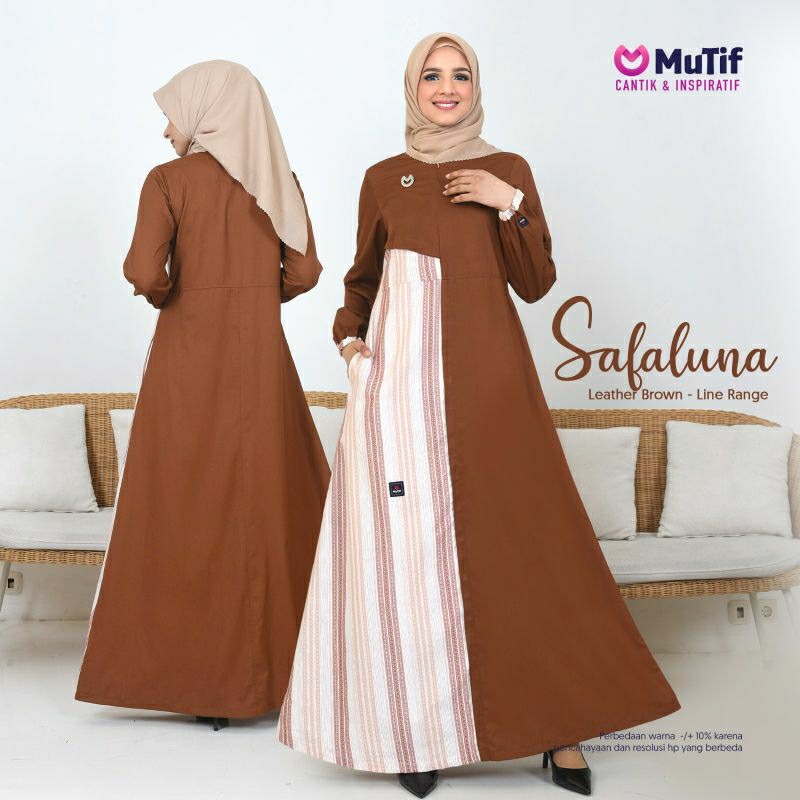 Mutif Safaluna Leather Brown Line Range Baju Muslim Gamis Dress Casual Premium Terbaru Ori Lebaran 2023 Sarimbit