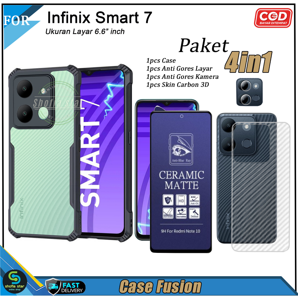 PAKET 4in1 Case Infinix Smart 7 Soft Case Fusion Shockproof Transparan Casing