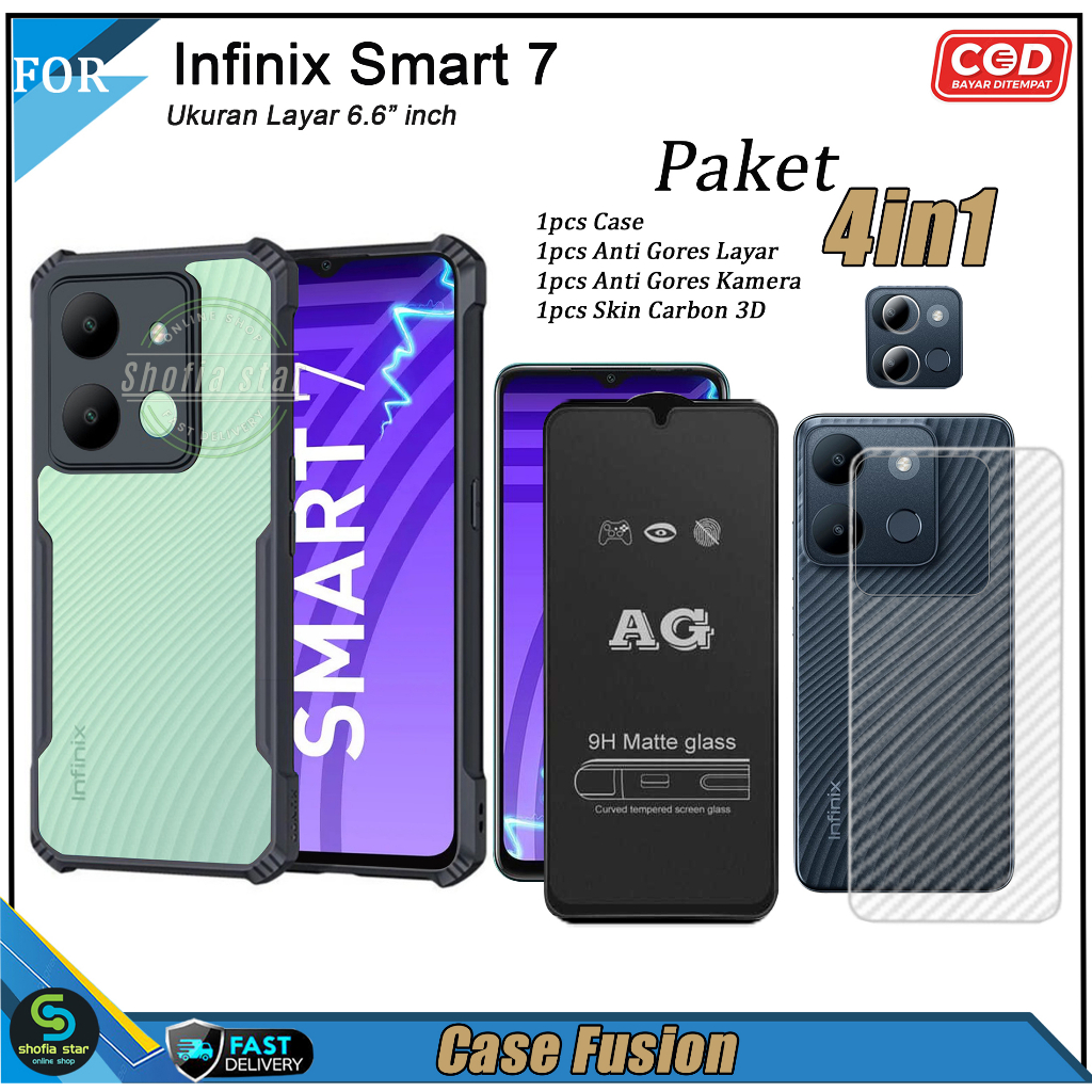 PAKET 4in1 Case Infinix Smart 7 Soft Case Fusion Shockproof Transparan Casing