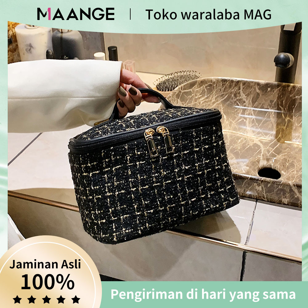 MAANGE Merajut Tweed Travel Tas Kosmetik Organizer Tempat Alat Baru Travel Make up Bag Kapasitas Besar Makeup Pouch Portable Travel Toilet Bag Mencuci Jinjing Kotak-Kotak Gaya Korea Model Tas Penyimpanan 1236