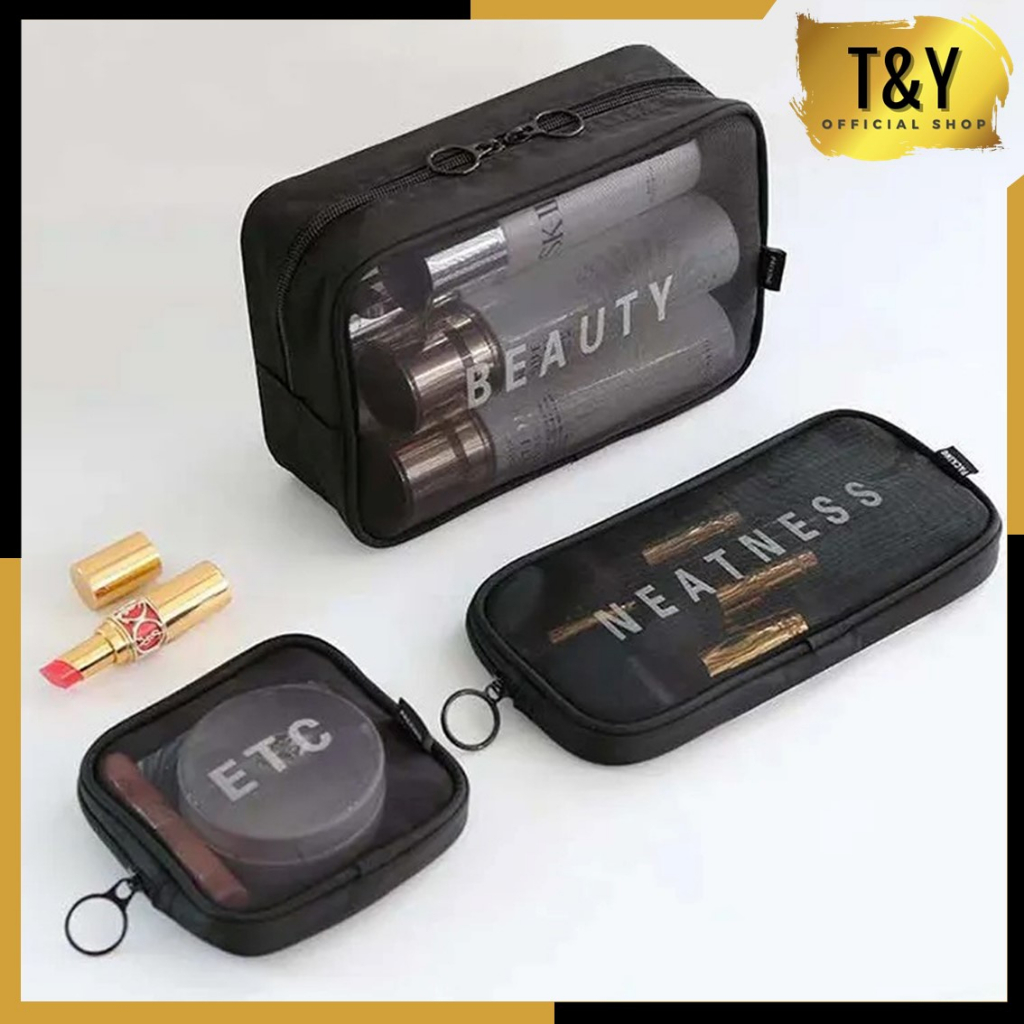 T&amp;Y Tas Kosmetik Traveling Setengah Jaring Pouch Travel Make Up Bag Organizer Tas Dompet Kosmetik Toiletry Pouch Kosmetik Portable Murah Import