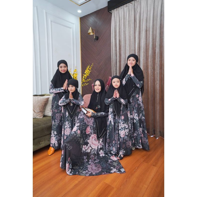 Belvana Series By Eldeena Syari Original Gamis Couple Mom Kids Syar'i Ceruty Babydoll Printing Set K