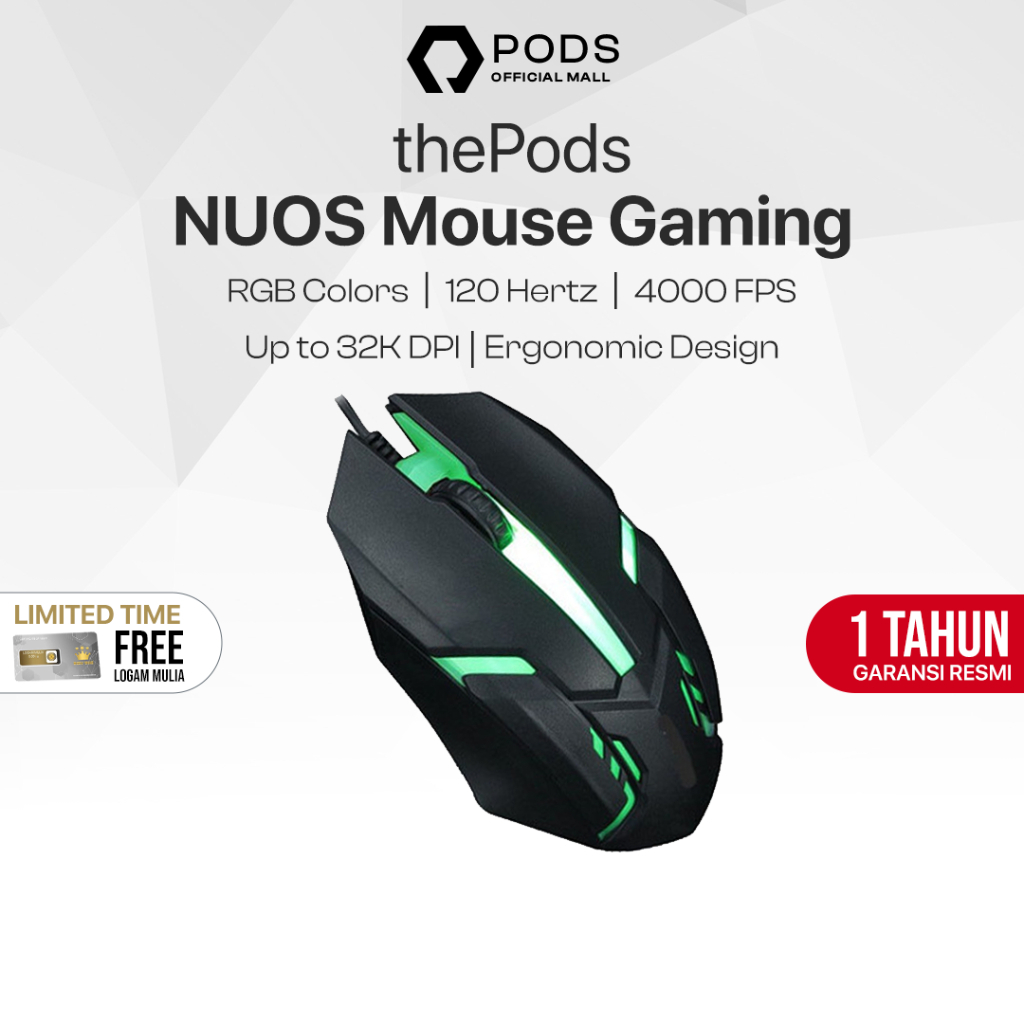 Mouse Gaming Kabel Original NUOS LED X1 RGB Colorful 7 LED Light By Pods Indonesiaa