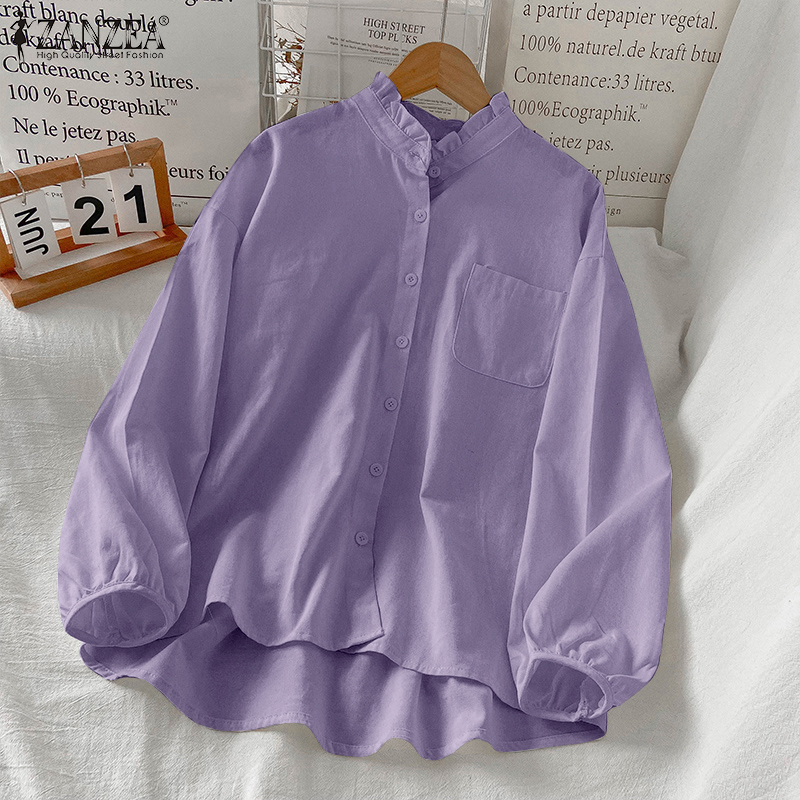 ZANZEA Women's Daily Simple Casual  Straight Ruffle Collar Plain Button-up Comfy Cotton Blouse