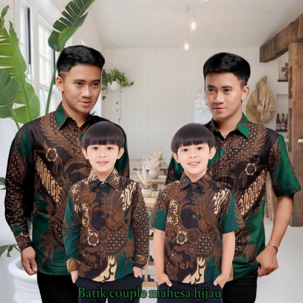 Batik couple keluarga-kemeja batik pria-batik pria lengan panjang-Batik anak laki laki-Batik pria Lengan pendek-Batik pria jumbo-Motif mahesa hijau-Batik pria modern-Baju Batik couple ayah dan Anak Laki Laki