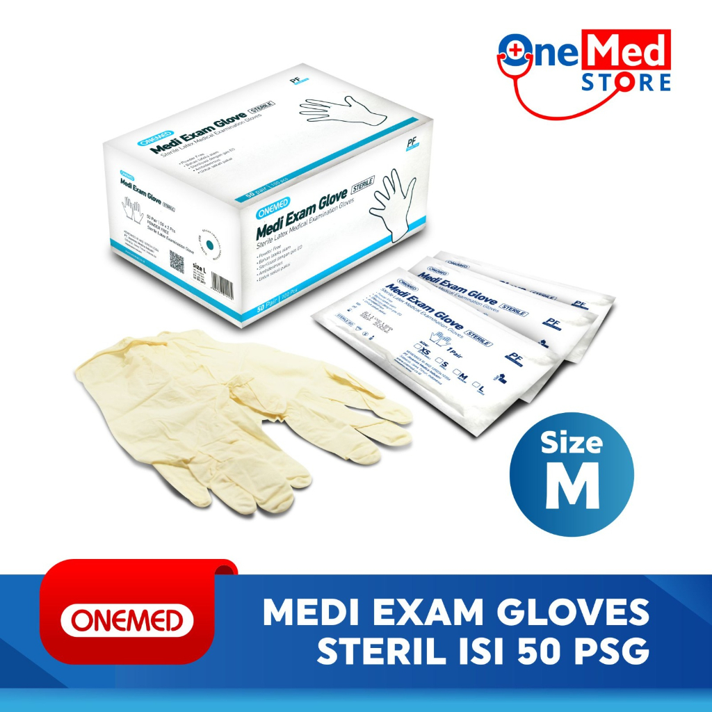 Sarung Tangan Medi Exam Glove Sterile OneMed Box isi 50 Pasang Size M OJ