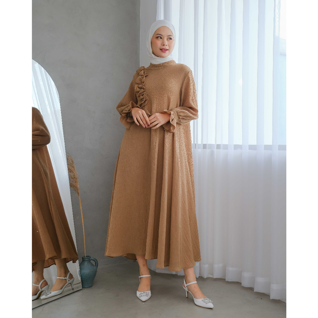 Mayoutfit Vezy Mididress | Dress Gamis Flowy Frill Kerut-Brown