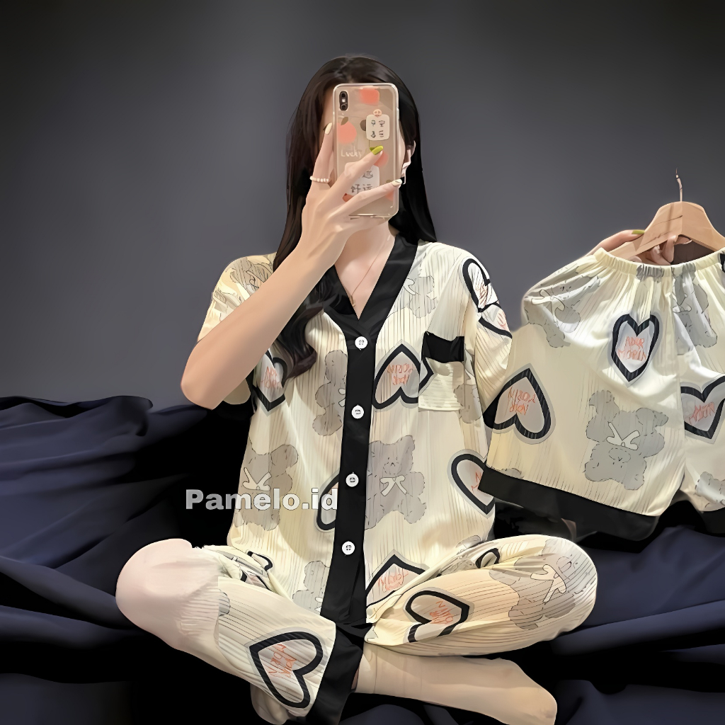 Pamelo Piyama 3in1 Baru Stelan Piyama Import Baju Tidur Import Pakaian wanita Korea Style