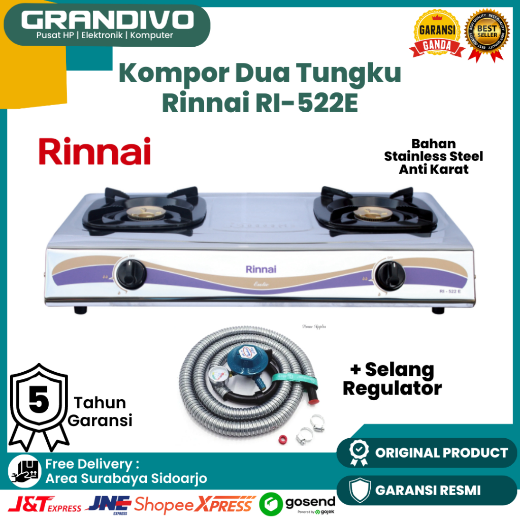 Kompor Gas Rinnai 2 Tungku Rinnai 522E RI-522E Garansi Resmi Rinnai - Grandivo
