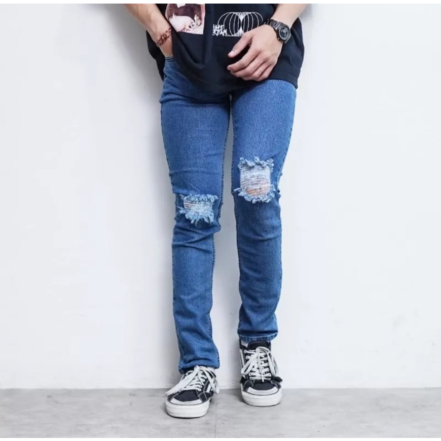 Rebelone - Celana Jeans Panjang Pria Ripped Sobek Lutut Bio Wash Premium