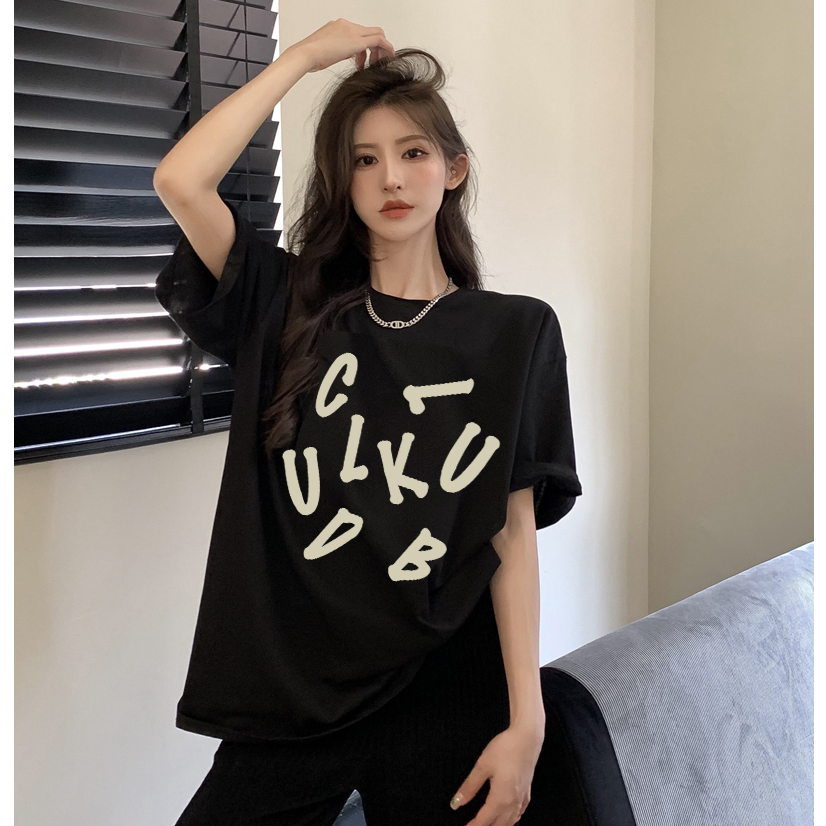 kaos hitam oversize wanita lengan pendek letter motif printed t-shirt import kekinian kaos basic