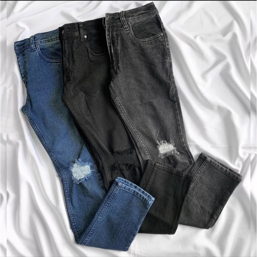 REBELONE - Celana Jeans Panjang Ripped Sobek Lutut Black Whisker - Celana Jeans Pria Sobek Distro Termurah Terlaris