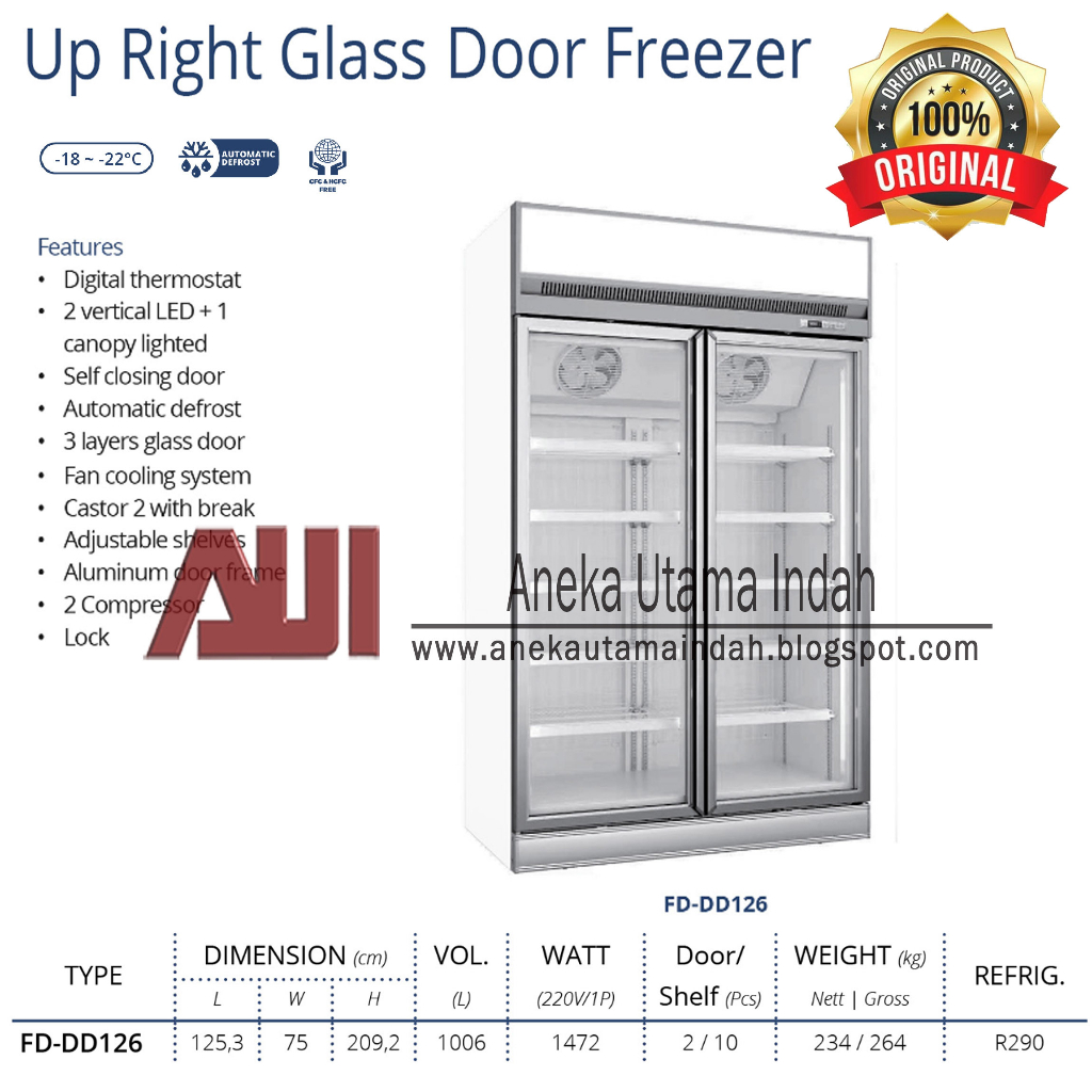 Gea FD-DD126 Up Right Glass Door Freezer - Freezer Showcase untuk Memajang Ice Cream, Frozen Food, Daging Beku 1006 Liter - Freezer Kaca Berdiri 2 Pintu 10 Rak - Freezer Automatic Defrost