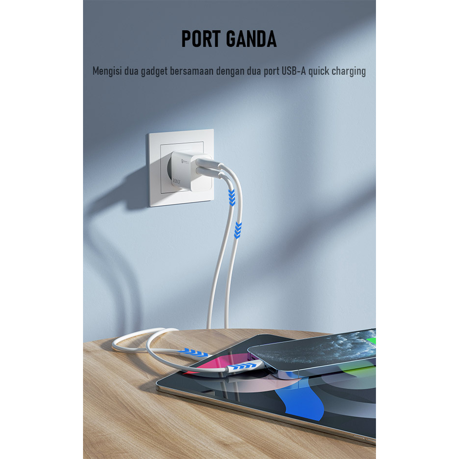 ROBOT Dual Port USB-A Charger Quick Charging Adaptor RT-F3 QC 3.0 18W 3A Original - Garansi 1 Tahun