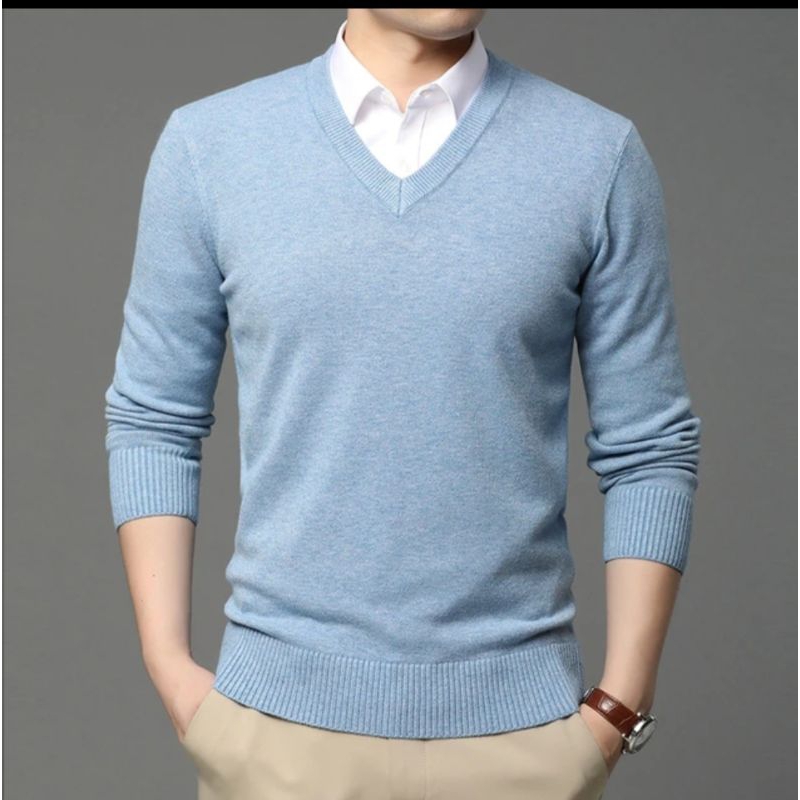 Sweater Pria Rajut V Neck polos #sweaterpria #jaketpria