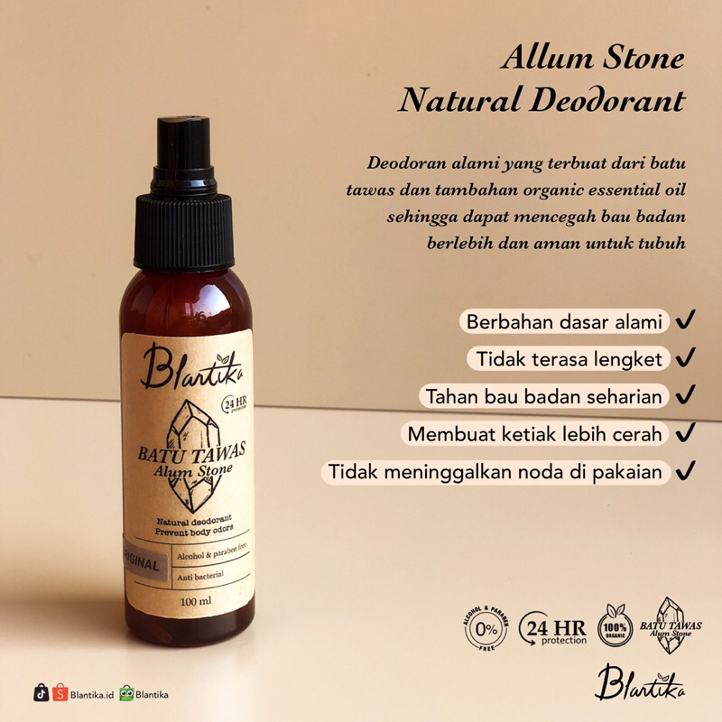 Blantika Tawas Spray Natural Deodorant Crystal Allum Stone - deodoran alami tahan bau badan