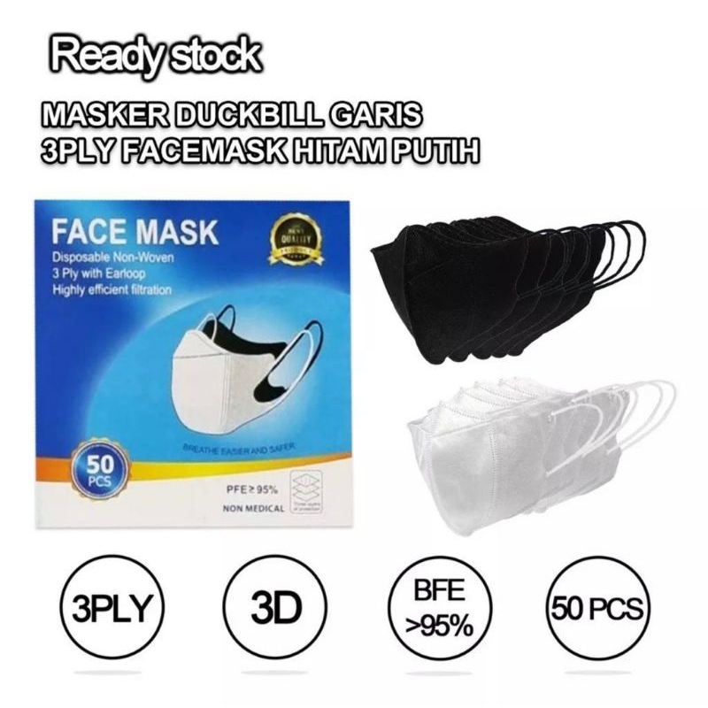 Masker Duckbil / Duckbill 3 Ply Face Mask Hitam Dan Putih 50pcs