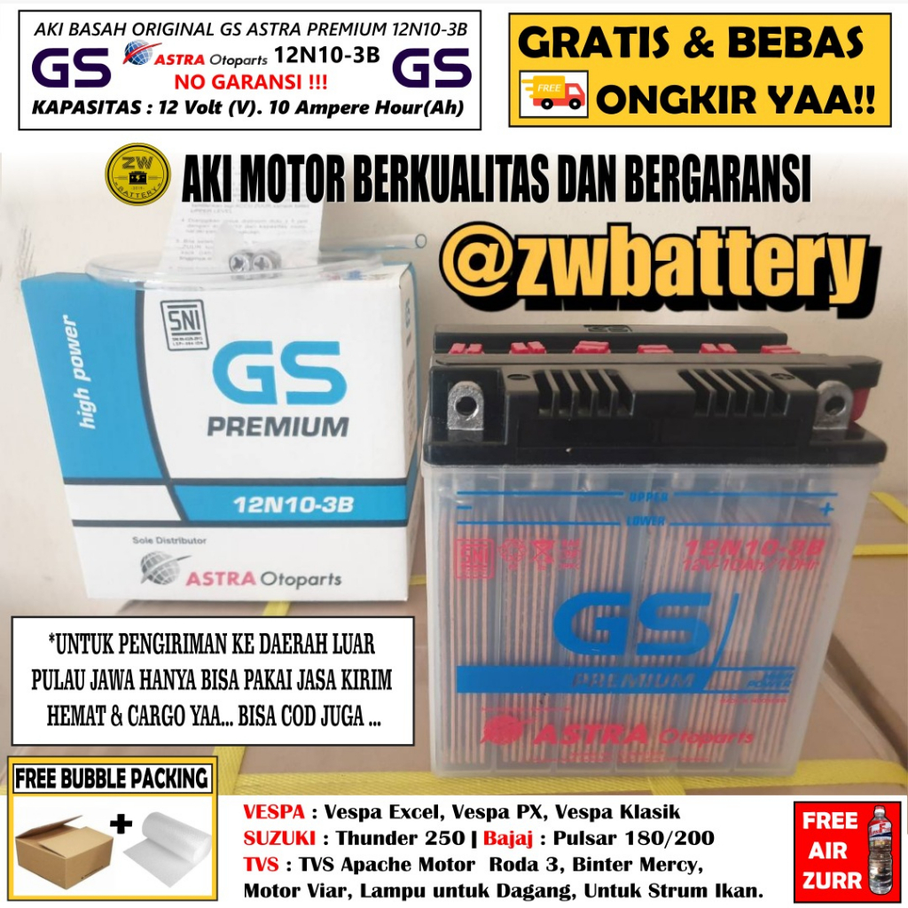 AKI GS ASTRA 12N10-3B PREMIUM 12V 10AH AKI BASAH