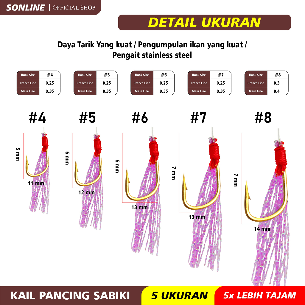 SONLINE Kotrekan Kail Umpan Pancing Sabiki Kail Umpan Gantung Sutra Perak Kail Jig Benang Pesca Bulu Baja Karbon Tinggi