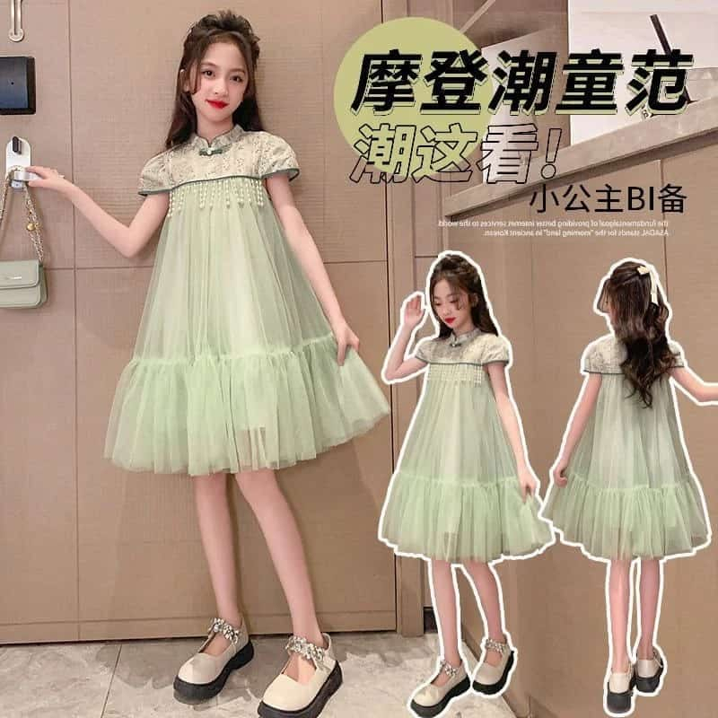 Dress Qibao Cheongsam Anak Remaja Cewek Impor Green