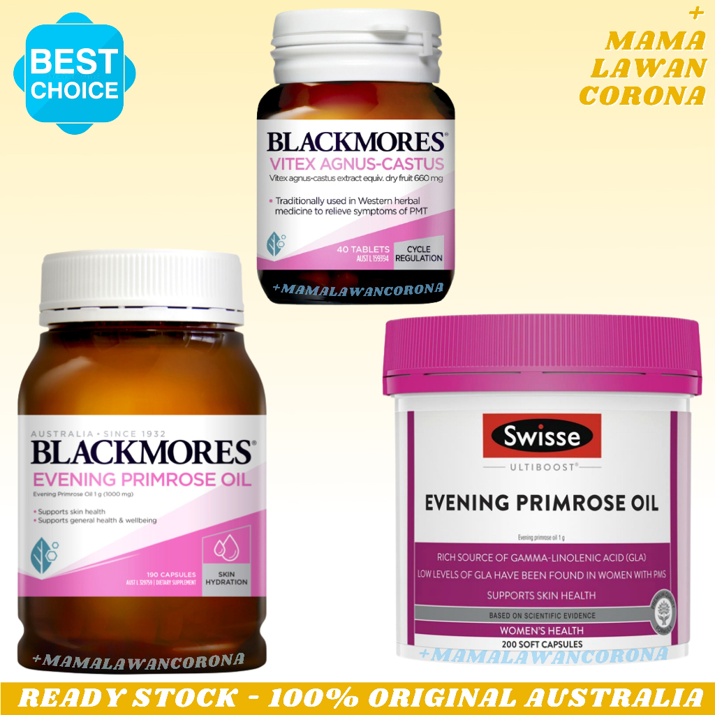 Healthy Care Evening Primrose Oil 200 Capsules 1000mg 1000 mg / Vitex Agnus Castus 40 Tablets Siklus Menstruasi Gejala PMS Tablet PCOS / Blackmores 190 Swisse 200 Kapsul