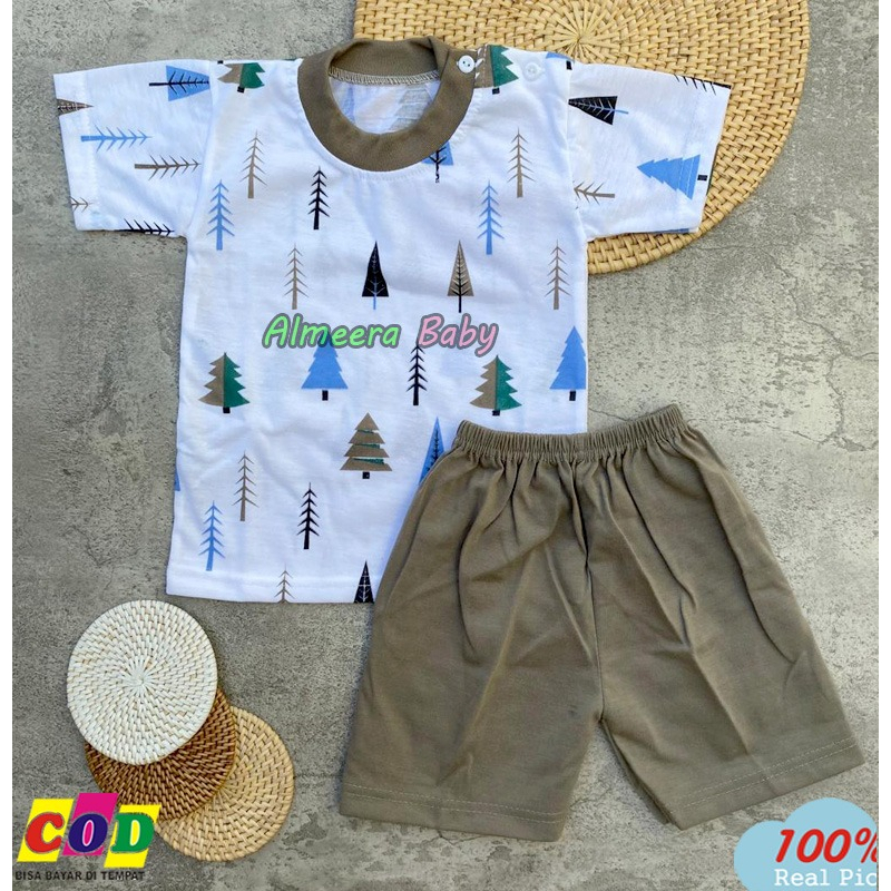 Setelan Baju Bayi Piyama Bayi Lengan Pendek Kancing Pundak Motif Fir Tree Usia 3-12 Bulan Almeera Baby and Kids