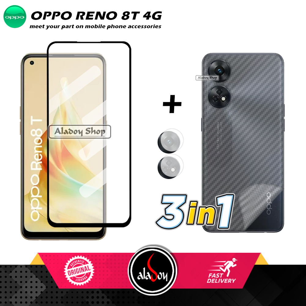 PAKET 3 IN 1 Tempered Glass Layar Reno 8T 4G Free Tempered Glass Camera dan Skin Carbon