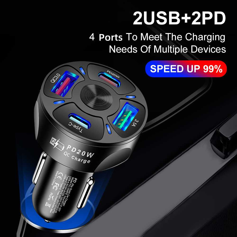 Car Charger Mobil USB Type-C Quick Charging 4 Port 20W Carger Isi Daya Baterai Perangkat Smartphone Berkualitas