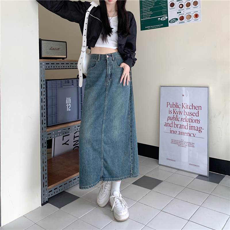 Emily Rok-Rok Midi Denim Fashion Rok A-line Highwaist Biru Retro