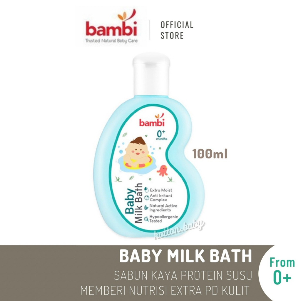 Bambi Baby Milk Bath Extra Moist 100ml | Sabun Bayi Kaya Protein Susu Nabati | Kulit Bayi Normal - Sensitif | PH Balance