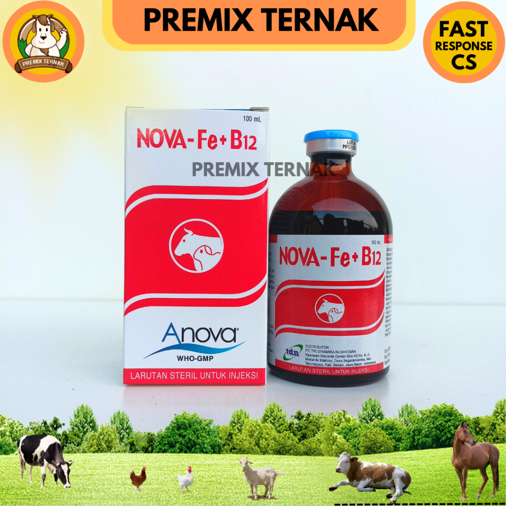 NOVA Fe + B12 (Anti Anemia) Inj 100ml - Vitamin B12 dan Zat besi untuk hewan Sapi Babi Kambing - Anti Anemia hewan - Like ferdex plus