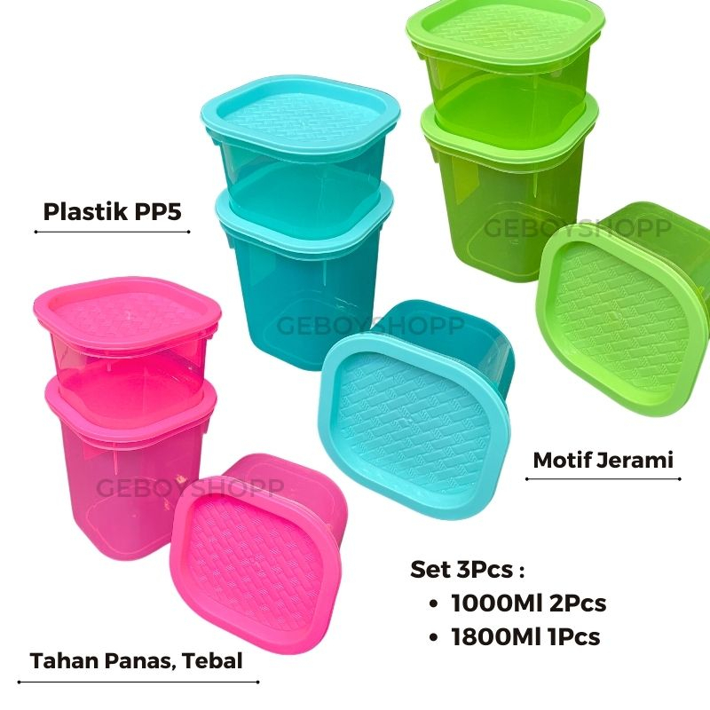 Toples Makanan / Penyimpanan Makanan Plastik Segi Jerami Foodgrade PP5 (SET 3PCS)