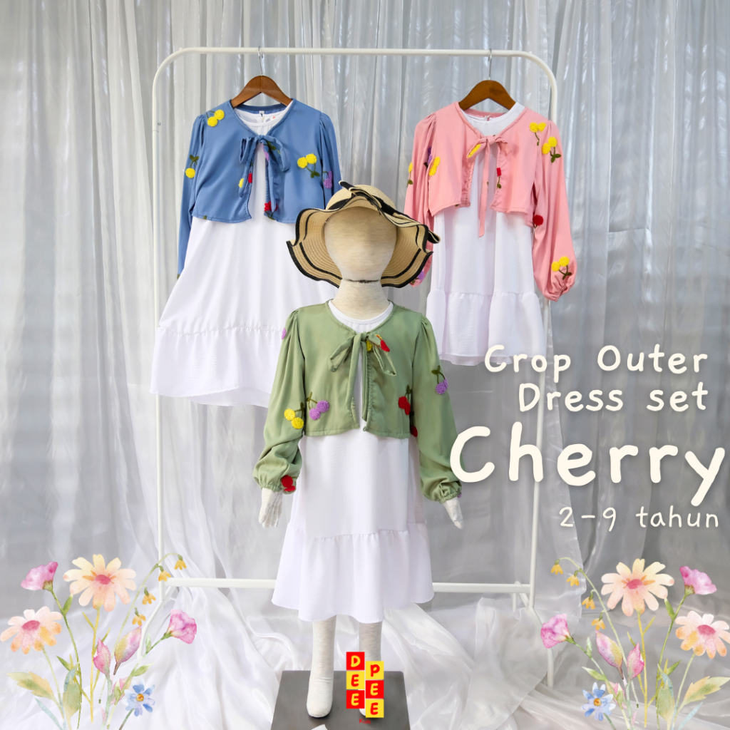CHERRY set, outer crop set anak model blazer bahan rayon pompom dan airflow crincle untuk anak 2 3 4
