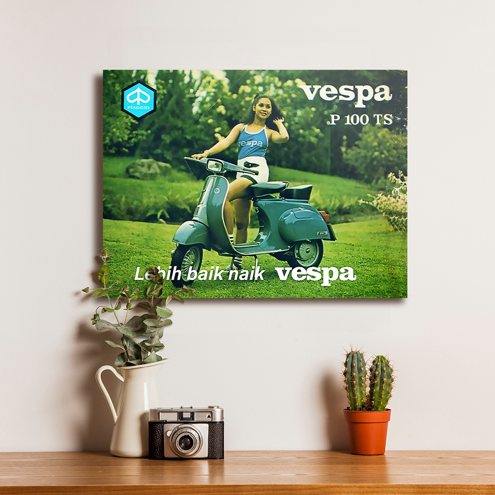 Poster Iklan Jadul Jaman Dulu Lucu Vespa P 100 TS 12 - Dekorasi Hiasan Dinding Kayu