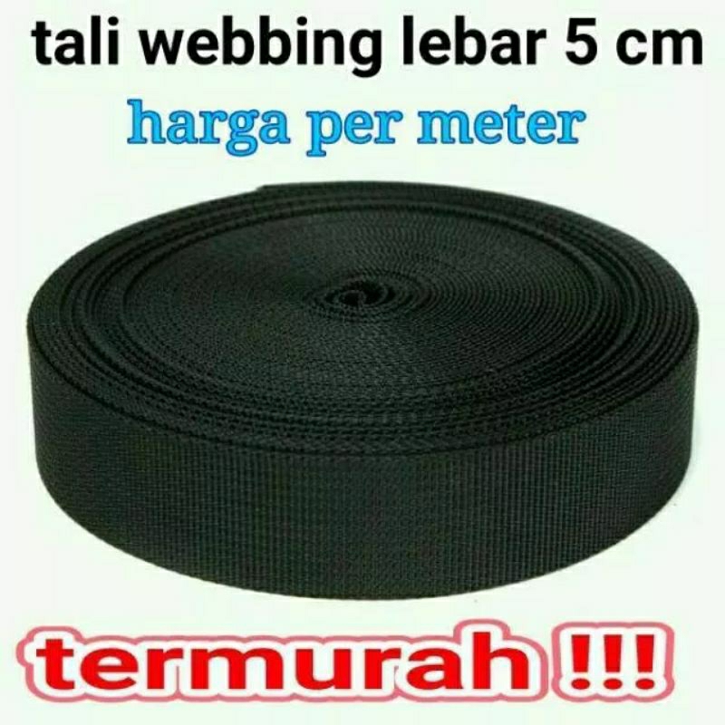 tali webbing 5 cm bisban PP hitam tebal murah meteran