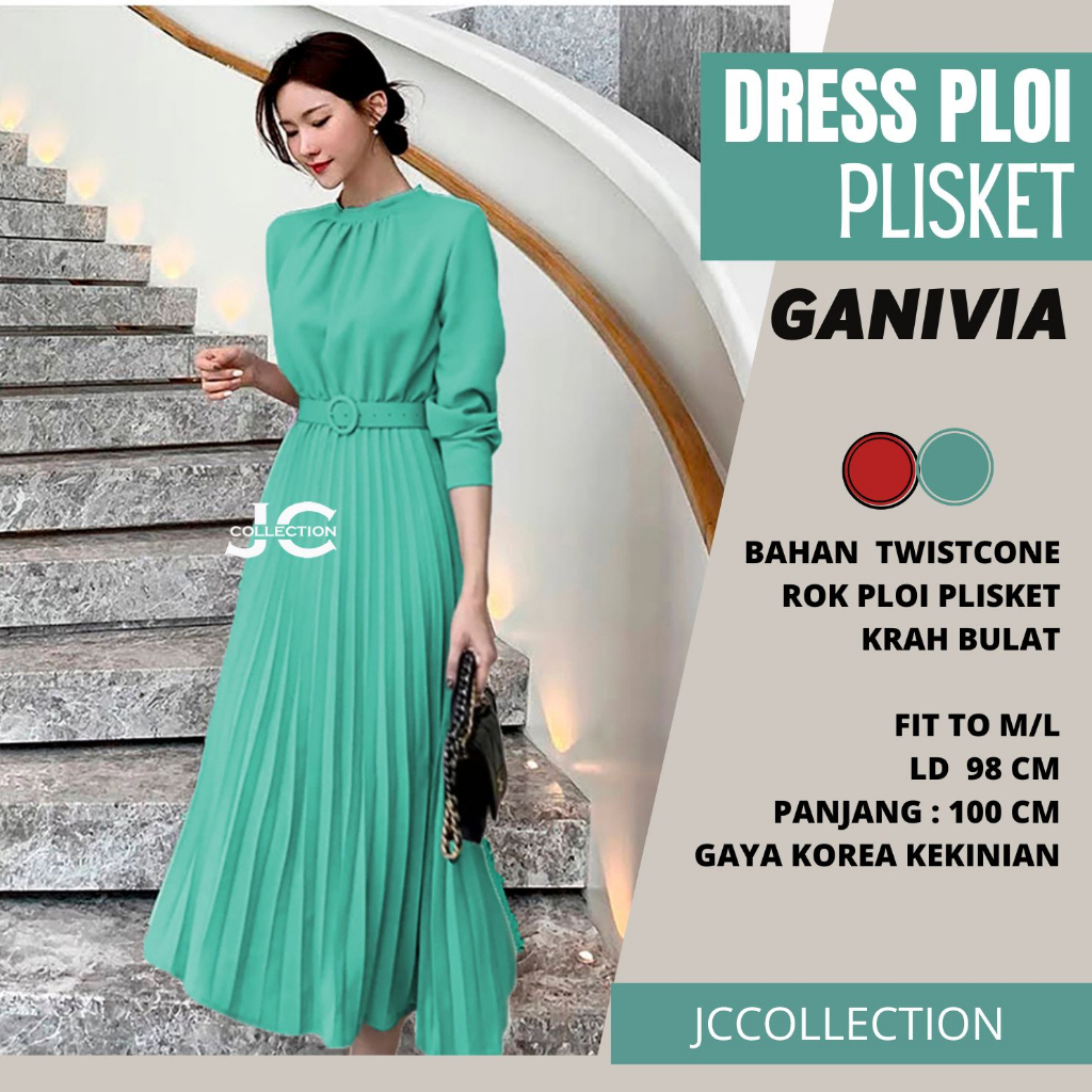 Long Dress ploi plisket lengan panjang wanita gaya korea Ganifia - JCCollections