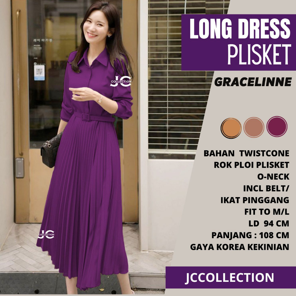 Maxi Dress Korea Style Plisket Terusan Long Dres Lengan Panjang Gracelinna JCCollections.id