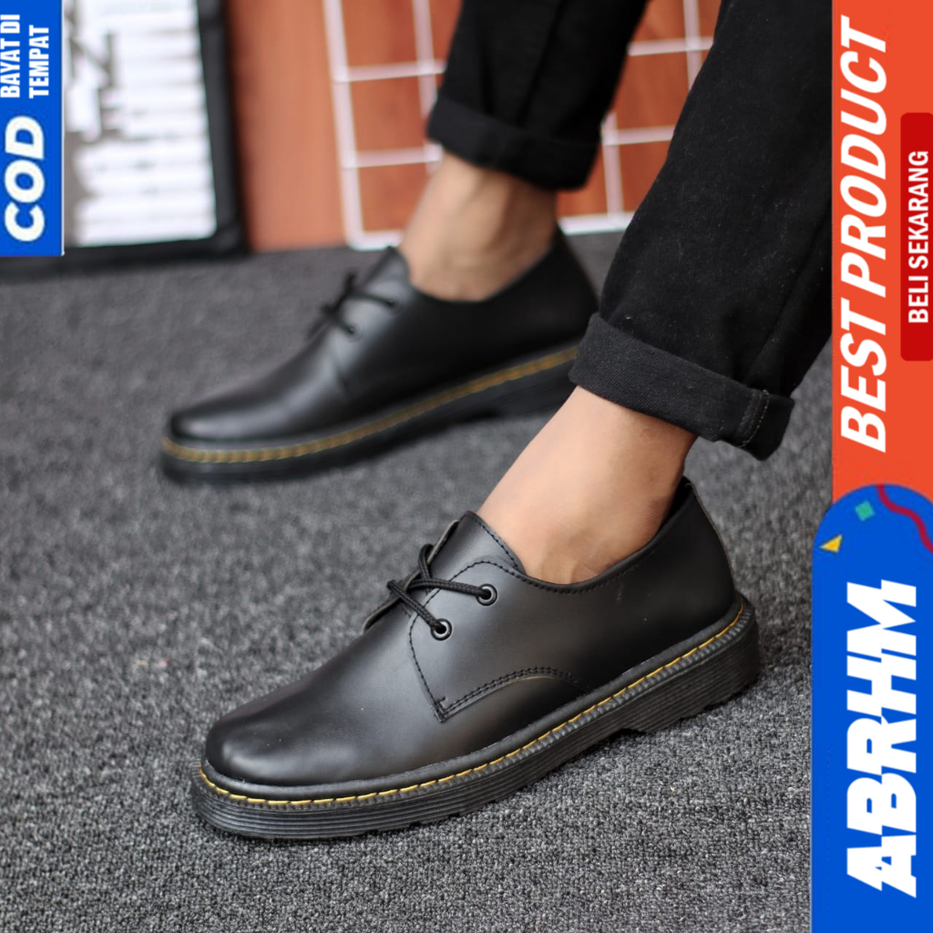 ABRHM Sepatu Docmart Hitam Tali Casual Kulit Pu Formal Pantofel Kerja Hitam Pria