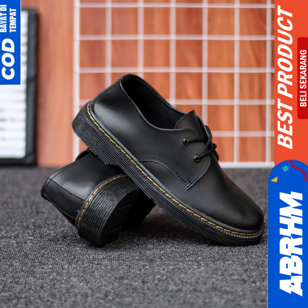 ABRHM Sepatu Docmart Hitam Tali Casual Kulit Pu Formal Pantofel Kerja Hitam Pria