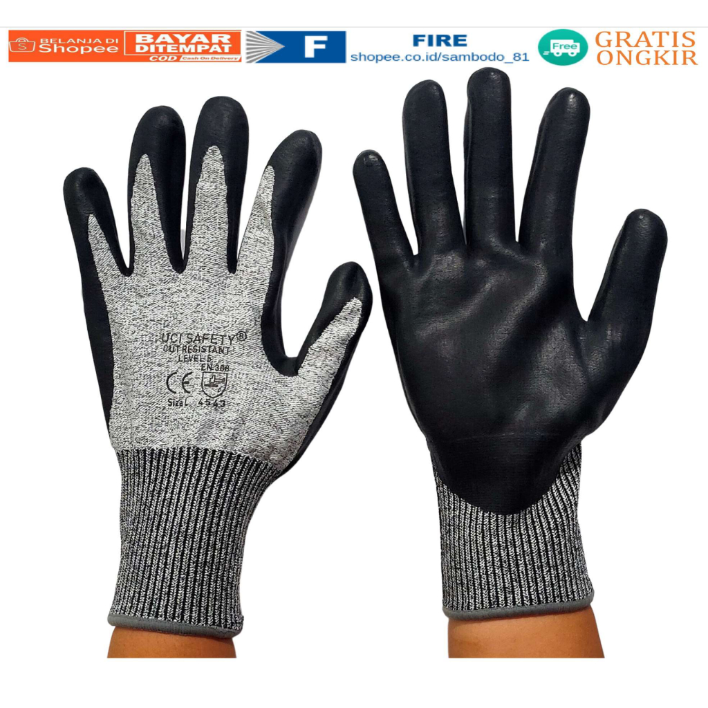 Sarung Tangan Glove Cut Resistant level 5 Anti Pisau potong coated coating tapak dilapisi Nitril Hitam