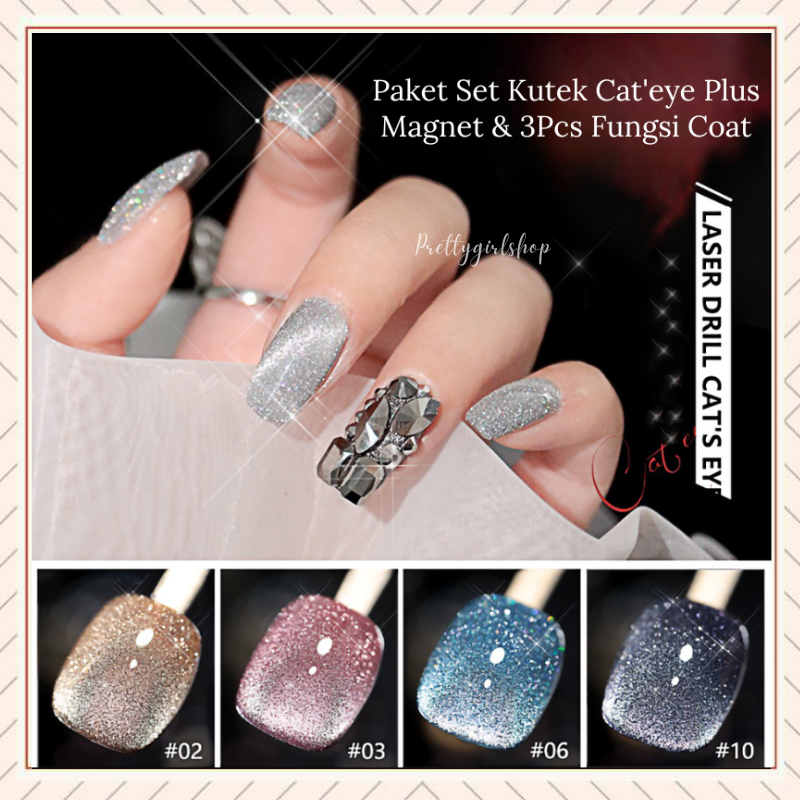 Pretty  Paket Kutek Cat'eye 12Color+3Pcs Fungsi Coat &amp; Free Magnet Stick 1pc/ Kutek Gel Laser Diamond Cat Eye UV LED Nail Gel 10ml