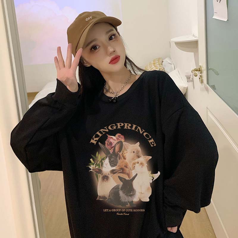 Sweater Oversize Cartoon Cute Rabbit / Sweater Hitam