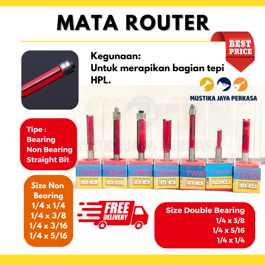 Mata Router Profil Straight Drill Bit Non Bearing 1/4 3/4 3/8 3/16 5/16