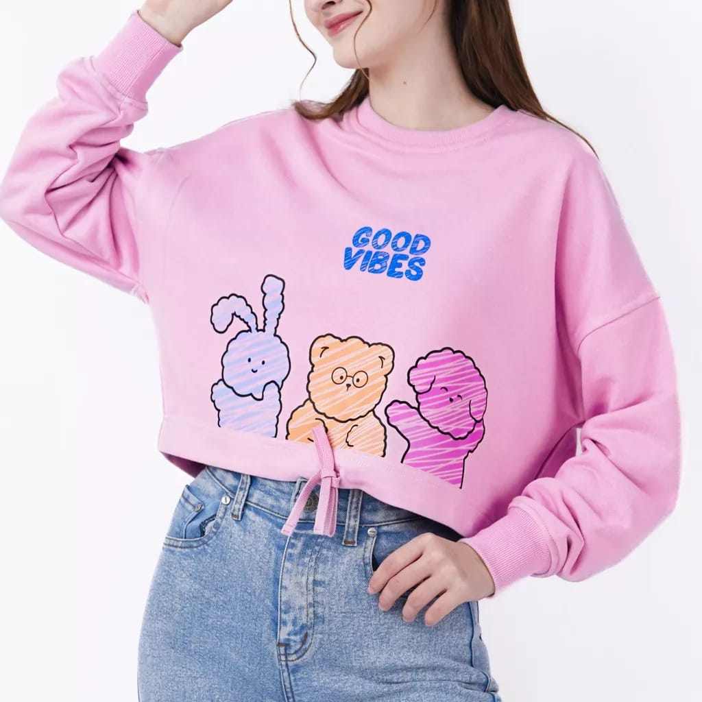 RBD CARTOON GOOD VIBES PINK GIRLS CROP SWEATER PS