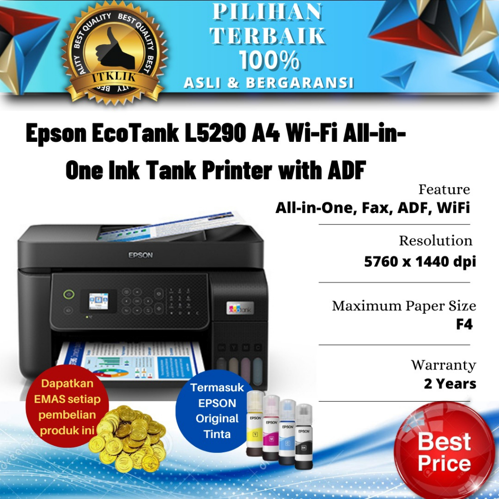 Epson Printer L5290 (Print Scan Copy Fax WiFi) Pengganti L5190 GARANSI RESMI EPSON INDONESIA Printer