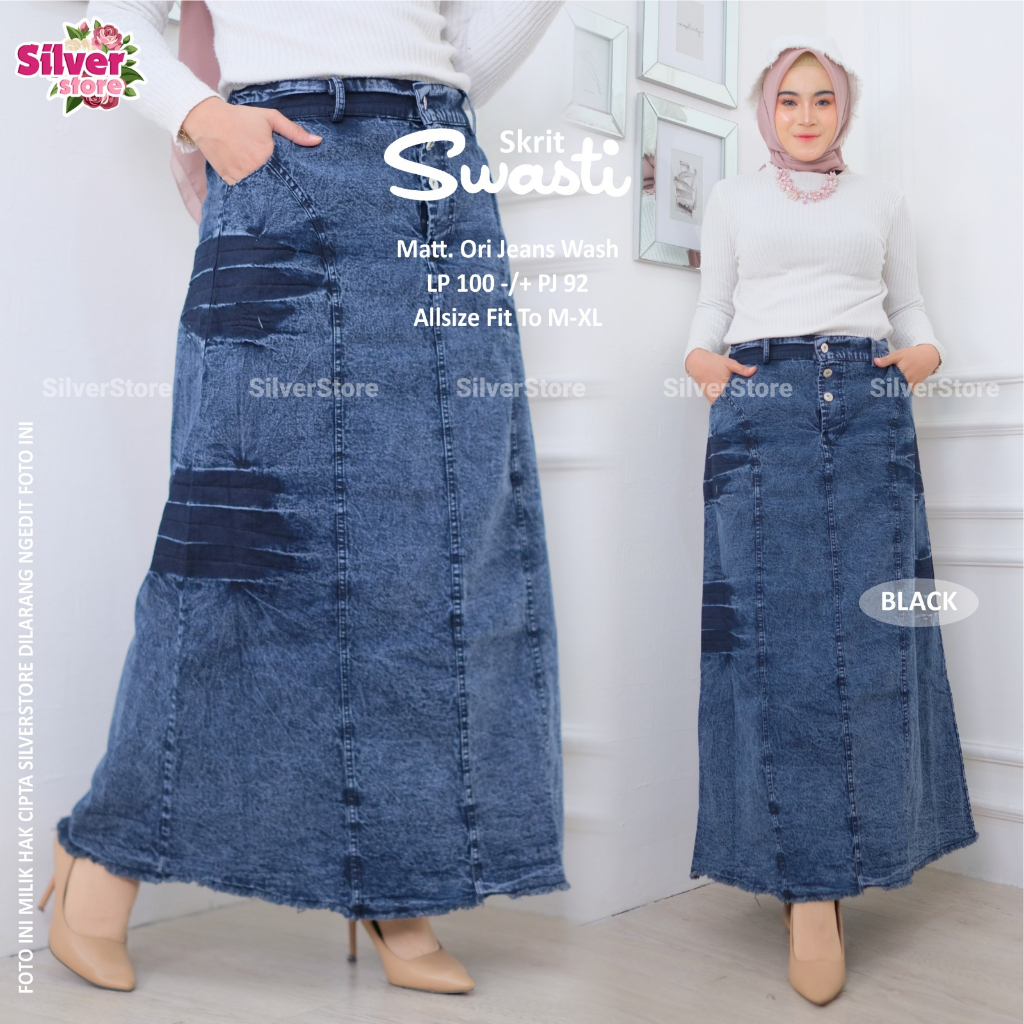 ROK JEANS / 14.7 / ARVITA NAFARA SAMIRI DHANILA DHANTI DELICIE DELANI SWASTI KANAMA / ROK PANJANG WANITA / ALLSIZE JUMBO / SILVER