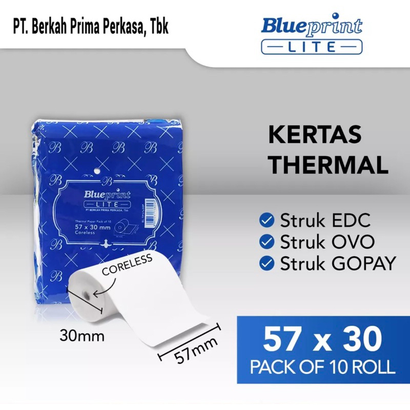 

Kertas Thermal 57 x 30 , Kertas Struk Kasir 57x30 mm - 10 Roll Merek Blueprint & E-Print
