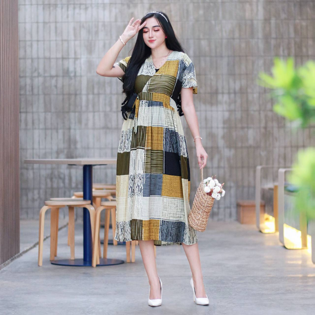 Dress Ayudia Cantik Simple Modern Motif Terbaru Kotak Kotak Elegan Daster Remaja Kekinian Lengan Pendek